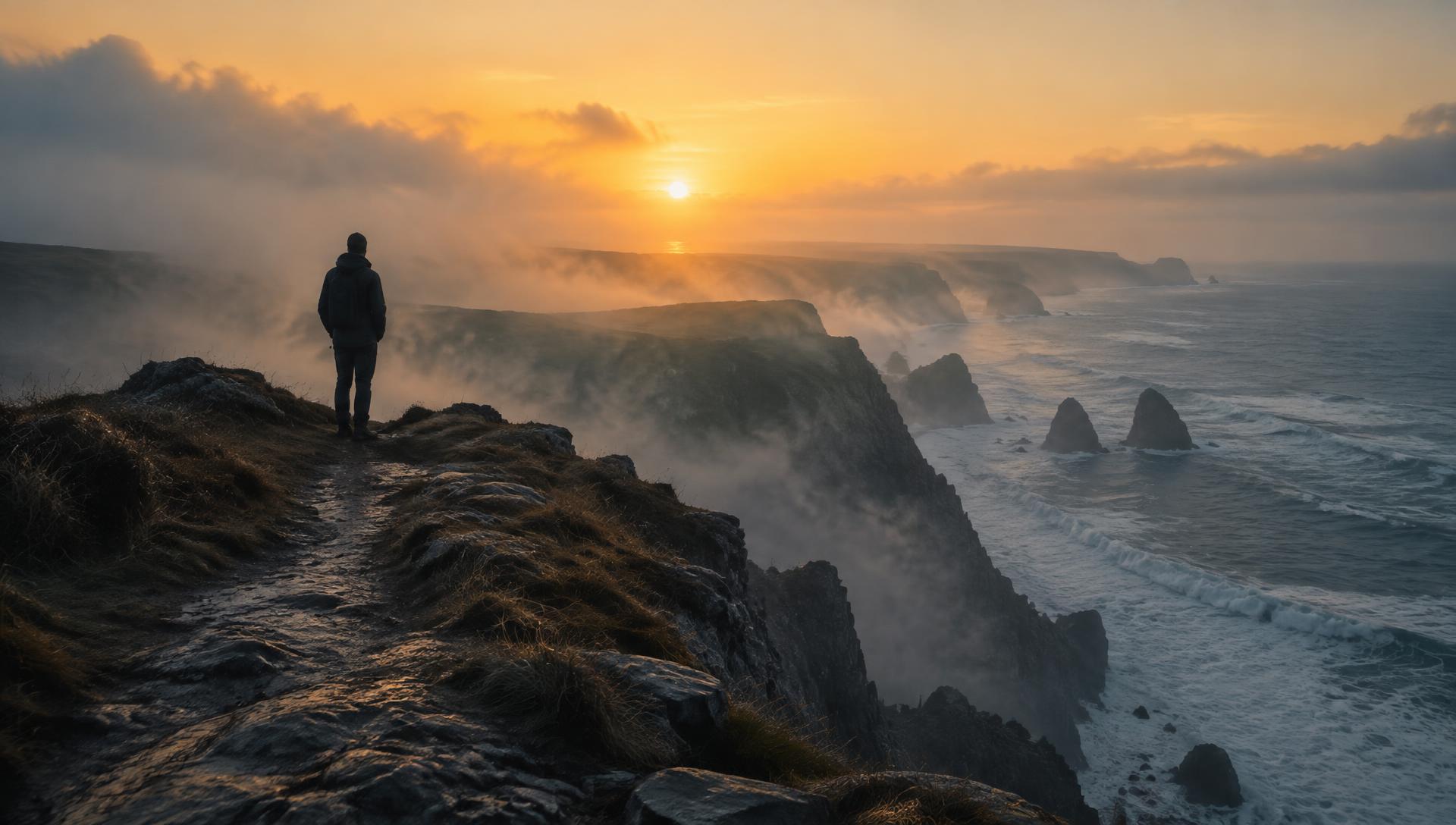 A lone figure on a coastal cliff path at sunrise
